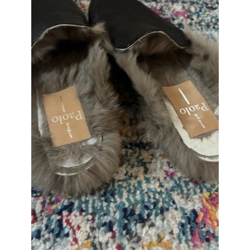 Linea Paolo Black Leather Mules‎ with Rabbit Fur Lining Women's Size 8.5M